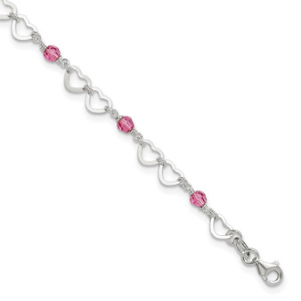 Sterling Silver Pink Beads And Polished Hearts 9 Inch Anklet With 1inch Extension Fine Jewelry Gift