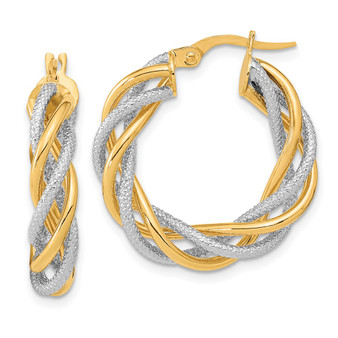 14K And White Rhodium Polished And Textured Twisted Hoop Earrings Fine Jewelry Gift - TF2117YW