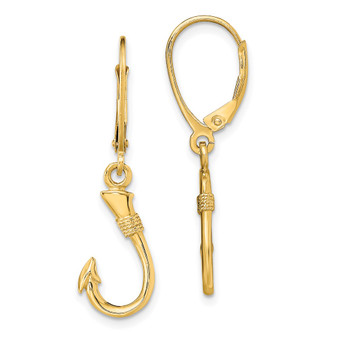 14k Yellow Gold 3-d Fish Hook Leverback Earrings Fine Jewelry Gift