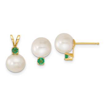 14k Yellow Gold 7-8mm White Fw Cultured Pearl & Emerald Stud Earrings & Pendant Fine Jewelry Gift