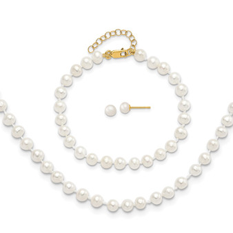 14k Yellow Gold 4-5mm Fw Cultured Pearl 5 W/1 Ext Bracelet 14 W/1 Ext Neck Earring Set Fine Jewelry Gift