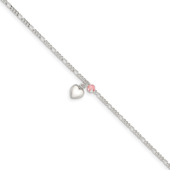 Sterling Silver Cherry Quartz Dangling Hearts On Figaro Link Anklet Fine Jewelry Gift - QG1214-10
