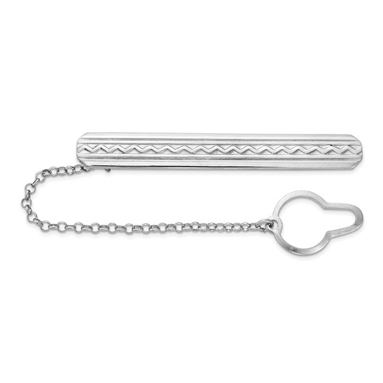 Sterling Silver Rhodium-plated Wave Design W/Button Chain Tie Bar