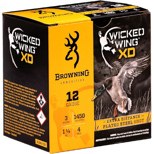 Browning Wicked Wing XD 12 Gauge Ammo 3" 1 1/4oz #4 Plated Steel Shot - B193411234 Browning Wicked Wing XD 12 Gauge Ammo 3" 1 1/4oz #4 Plated Steel Shot - B193411234