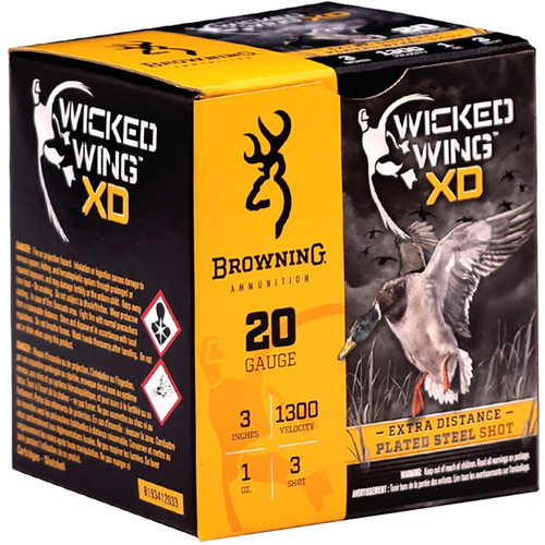 Browning Wicked Wing XD 20 Gauge Ammo 3" 1oz #3 Plated Steel Shot - B193412033 Browning Wicked Wing XD 20 Gauge Ammo 3" 1oz #3 Plated Steel Shot - B193412033