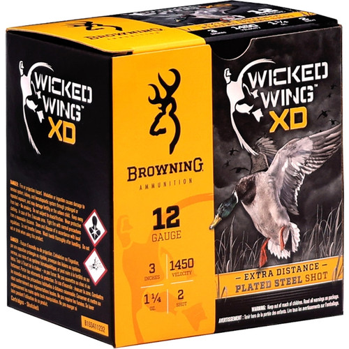 Browning Wicked Wing XD 12 Gauge Ammo 3" 1 1/4oz #2 Plated Steel Shot - B193411232 Browning Wicked Wing XD 12 Gauge Ammo 3" 1 1/4oz #2 Plated Steel Shot - B193411232