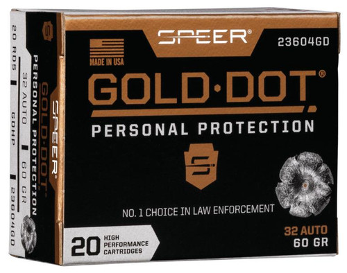 Speer Gold Dot Handgun Ammunition 32 ACP 60 gr HP 960 fps 20/ct