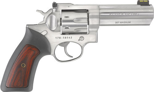 RUGER GP100 357MAG 4.20" ADJ. SS RUBBER W/HARDWOOD 7-SHOT