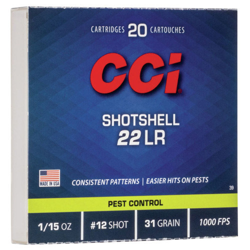 PEST CONTROL AMMUNITION - .22LR SHOTSHELL, #12 SHOT, 31GR, 20RD/BX