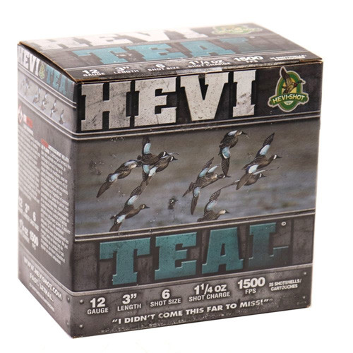HEVI-TEAL SHOTSHELLS - 12GA, 2-3/4", 1-1/8 OZ, 1500 FPS, SHOT SZ 6, 25/BX