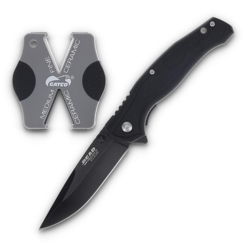 Bear & Son Edge Brisk 2.0 Folding Knife & Sharpener Combo Drop Point Blade Black