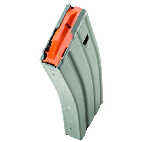 AR-15 ALUMINUM MAGAZINE - GREY W/ ORANGE FOLLOWER, .223 REM, 30/RD BODY, 10/RD