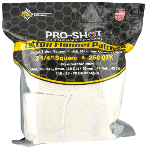 PRO SHOT CLEANING PATCH COTTON FLANNEL .38-.45 2 1/4" 250CT