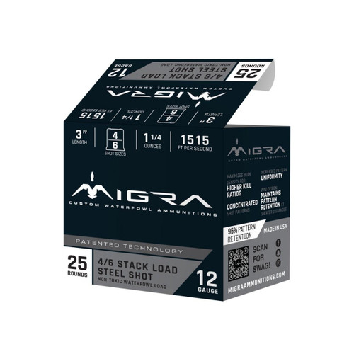 Migra Steel Waterfowl Stacked Shotshell 12ga 3" 1-1/4 oz 1515 fps4 &6 25/ct