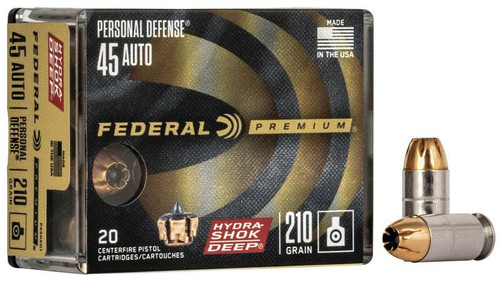 Federal Personal Defense Hydra-Shok Deep Handgun Ammuniton .45 ACP 210 gr HSD 980 fps 20/ct