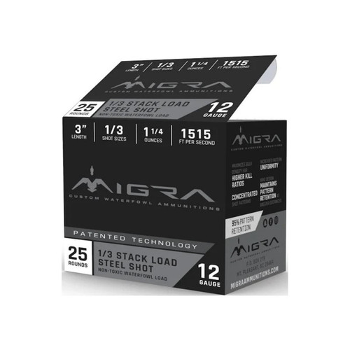 Migra Steel Waterfowl Stacked Shotshell 12ga 3" 1-1/4 oz 1515 fps1 &3 25/ct
