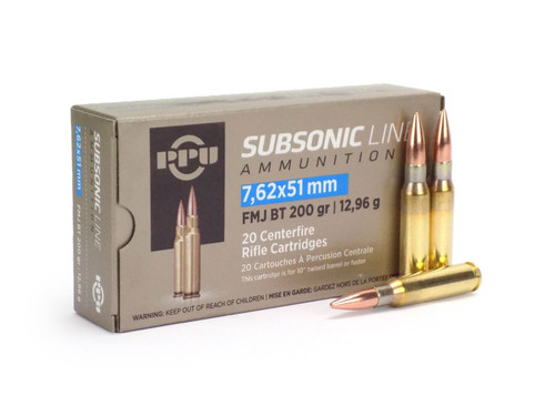 PPU 7.62X51 SUBSONIC FMJ BT 200GR 20RD BOX 10 BOXES PER CASE