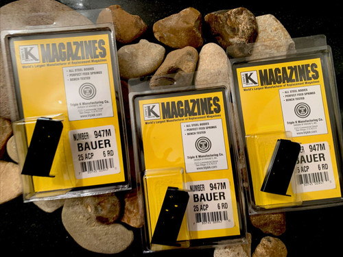 3 Pack Bauer Vest Pocket 25 ACP Magazine .25 BLUED 6RD Mag Mags USA Made VP