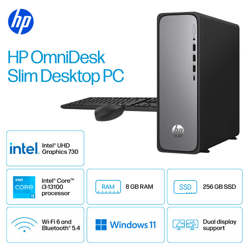 HP - OmniDesk Slim Desktop - Intel Core i3 - 8GB DDR5 Memory - 256GB SSD - Meteor Silver