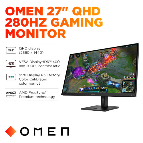HP OMEN - 27" IPS QHD 280Hz FreeSync Premium and G-SYNC Compatible Gaming Monitor with Adjustable Height (DisplayPort, HDMI) - Black