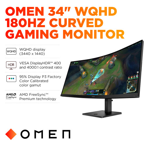HP OMEN - 34" VA Curved WQHD 180Hz AMD FreeSync Premium Gaming Monitor with Adjustable Height (DisplayPort, HDMI) - Black