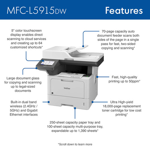 Brother - MFC-L5915DW Wireless Black-and-White All-in-One Laser Printer with Duplex Print, Scan, and Copy, Great for Business - Grey/Black