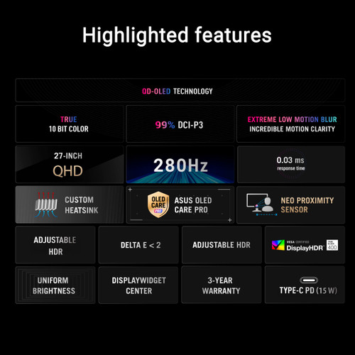 ASUS - ROG Strix 27" 2K OLED 280Hz 0.03ms Gaming Monitor with G-SYNC/FreeSync Premium Pro and HDR (DisplayPort, HDMI) - Black