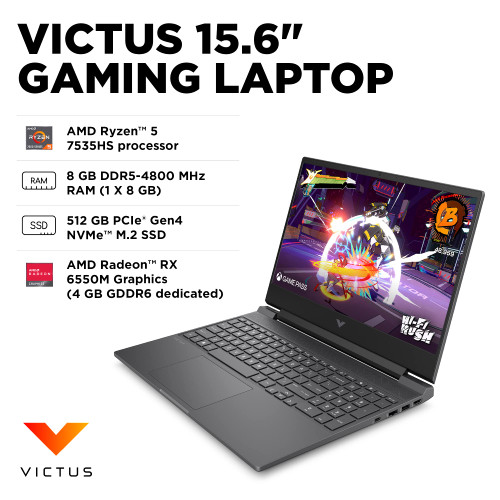 HP - Victus 15.6" Full HD Gaming Laptop - AMD Ryzen 5-7535HS - 8GB DDR5 Memory - AMD Radeon RX 6550M - 512GB SSD - Mica Silver