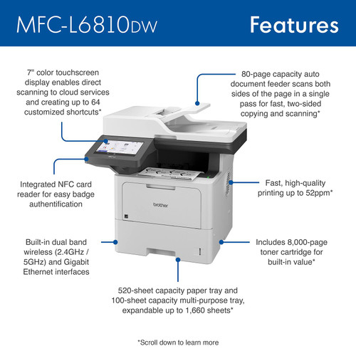 Brother - MFC-L6810DW Wireless Black-and-White All-in-One Laser Printer with with Duplex Print, Scan, and Copy, Great for Business - White/Gray