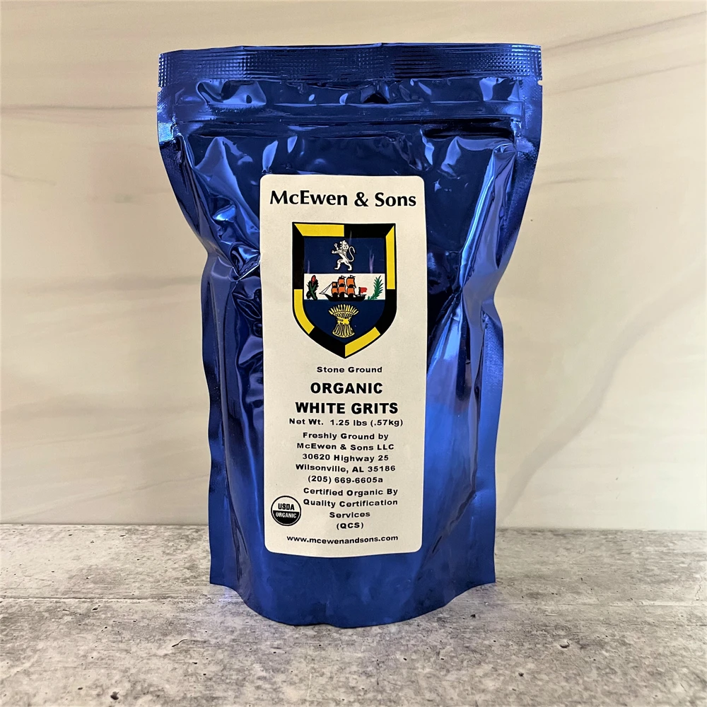 Corn grits in rustic packaging, stone ground Alabama grits, McEwen & Sons product image, gourmet Southern food gift