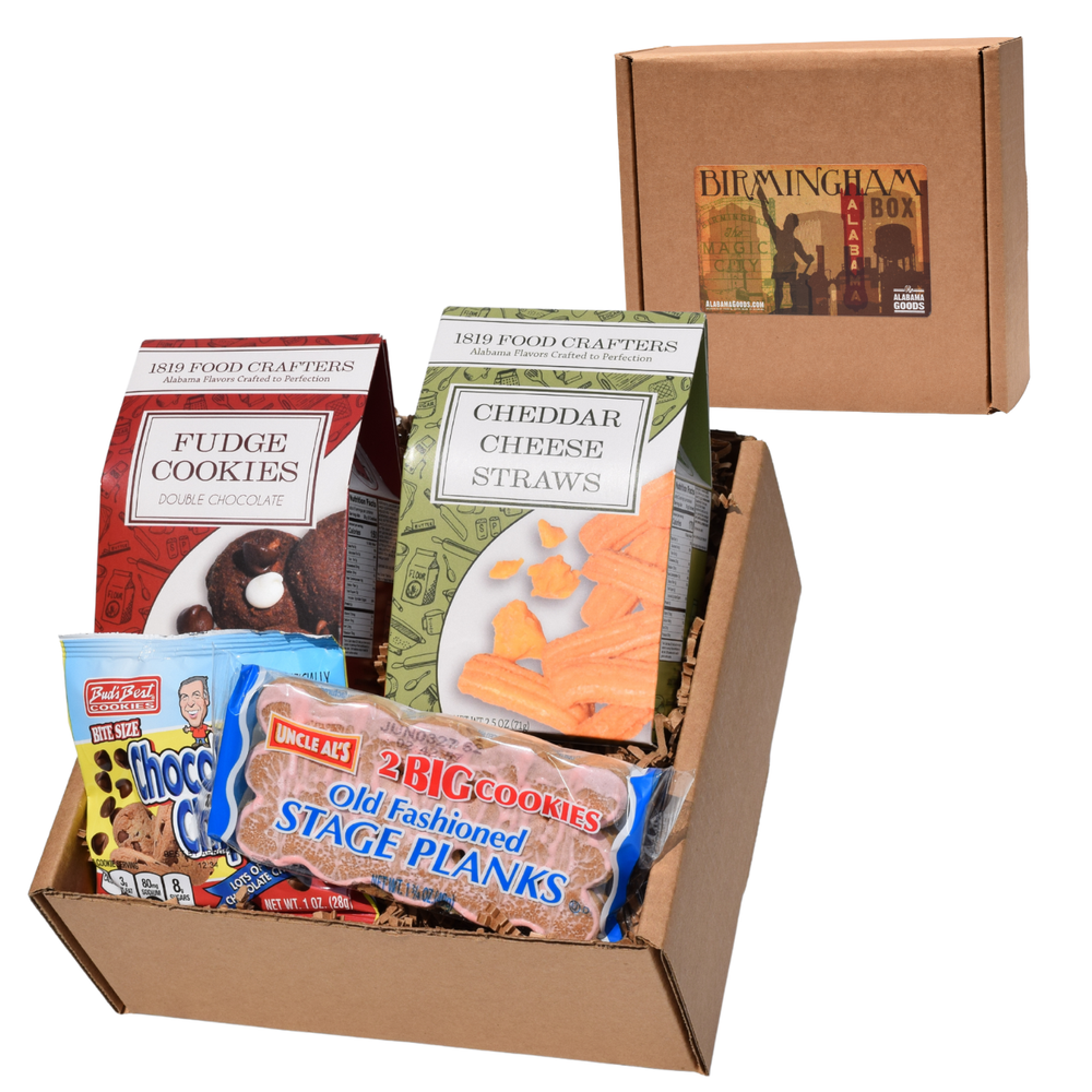 The Birmingham Box with Birmingham-made cheese straws, double chocolate cookies, Bud’s Best Cookies, Stage Planks, and free-shipping gift box.