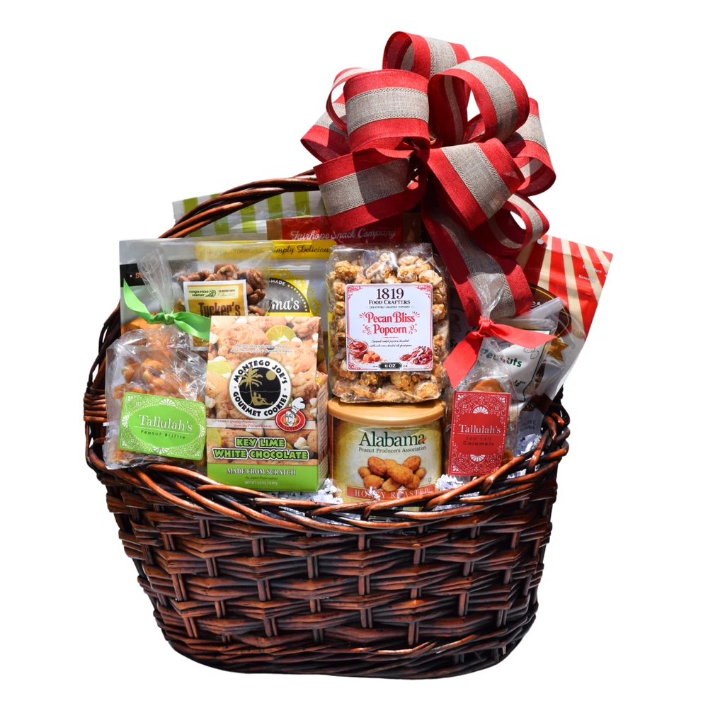 Office Party Alabama gourmet gift basket with pecan popcorn, cookies, cheese straws, peanuts, pecans, caramels and savory snacks for offices and groups
