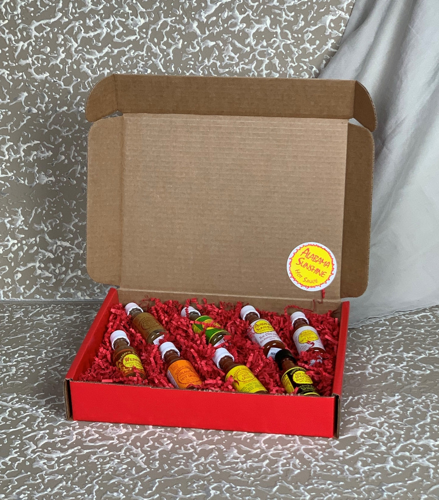 Alabama Sunshine hot sauce gift set with 8 mini bottles, made in Alabama, variety pack from mild to extra hot for gifts and sampling