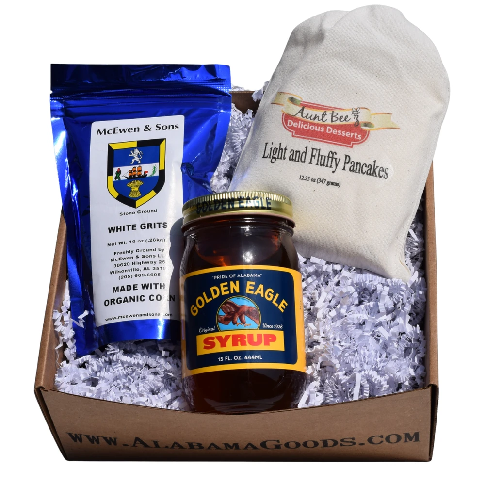 Rise and Shine Alabama breakfast gift box with McEwen & Sons stone-ground white grits, pancake mix and Golden Eagle Syrup.