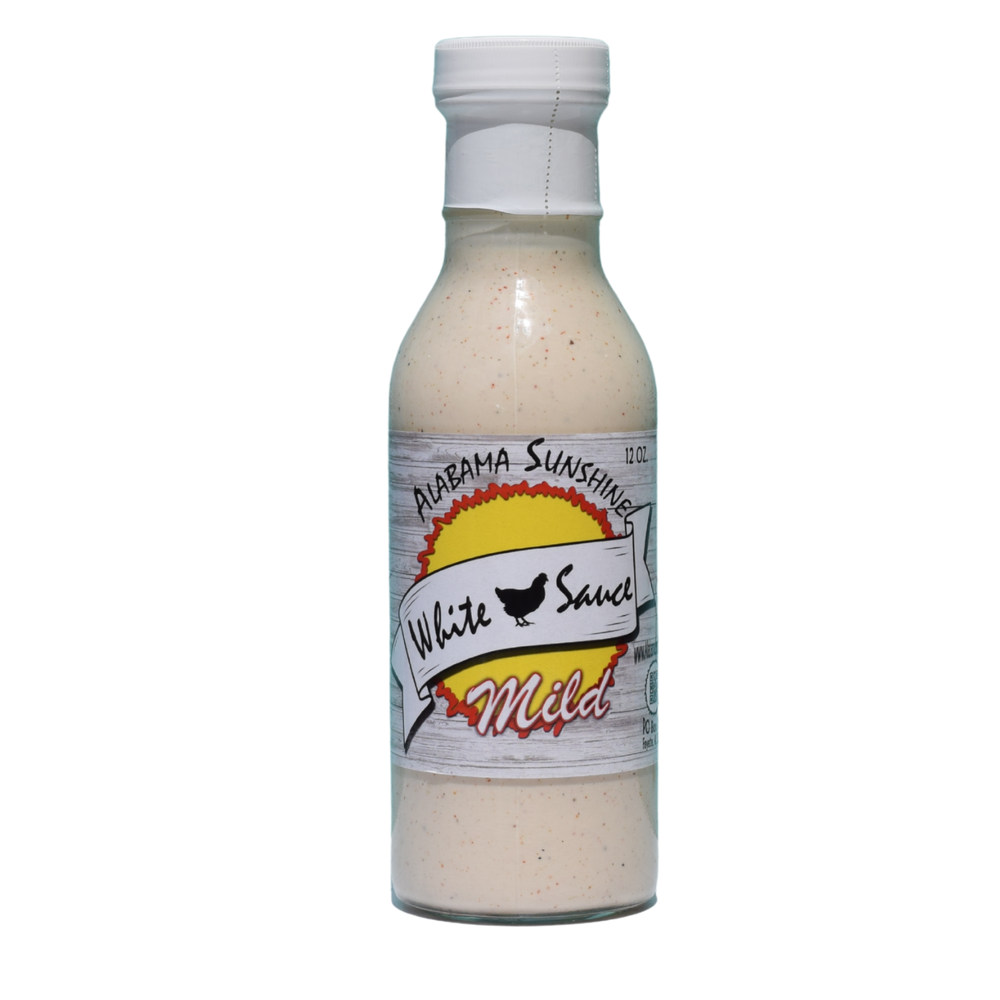 Alabama white BBQ sauce mild in 12 oz bottle, creamy tangy Southern barbecue sauce for grilled chicken and gourmet food gifts