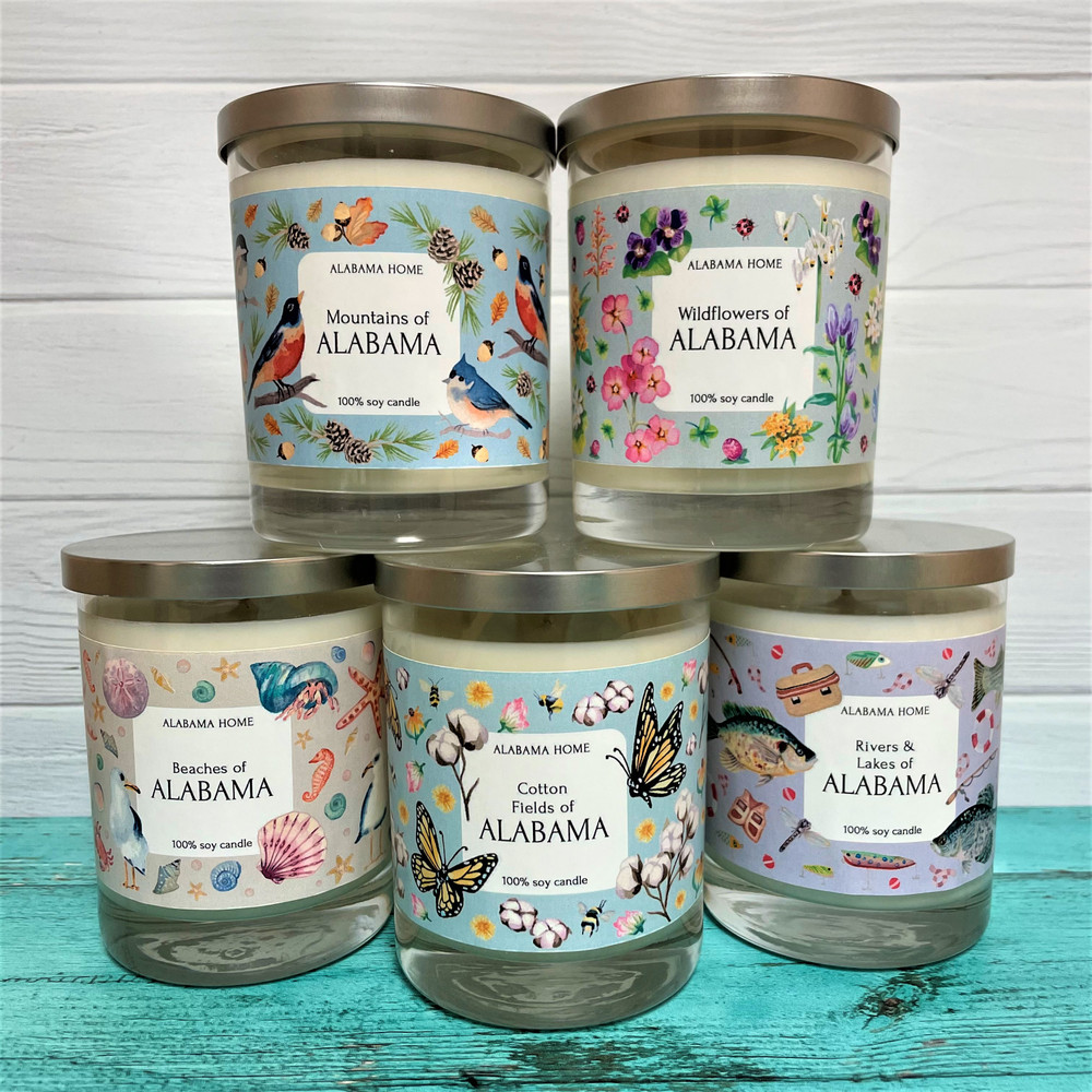 Alabama soy candle in glass jar, 12oz hand-poured candle made in Alabama, gift-ready home fragrance inspired by beaches, mountains, and wildflowers