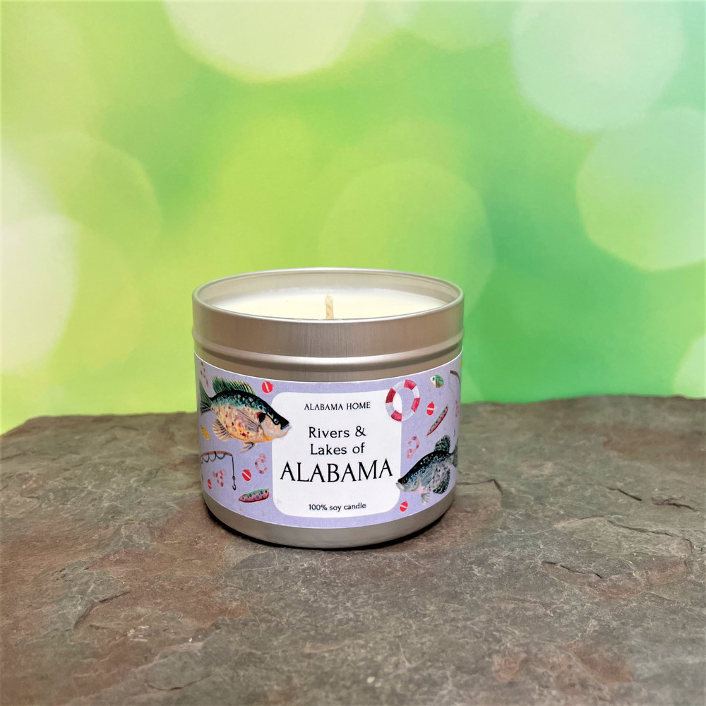 Alabama scented candle tin, hand poured candle in metal tin, Alabama gift candle, travel candle, local Alabama candle gift, Huntsville made candle, Southern gift idea Rivers and Lakes