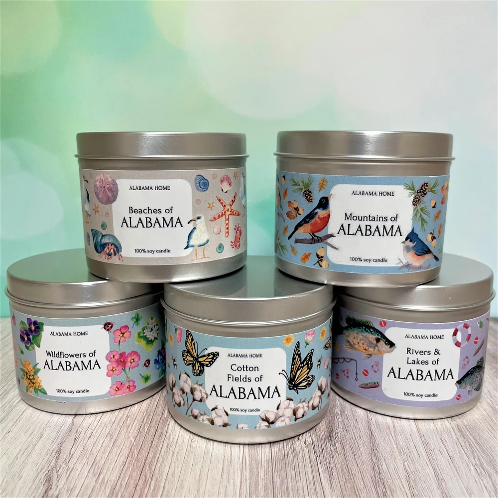 Alabama scented candle tin, hand poured candle in metal tin, Alabama gift candle, travel candle, local Alabama candle gift, Huntsville made candle, Southern gift idea