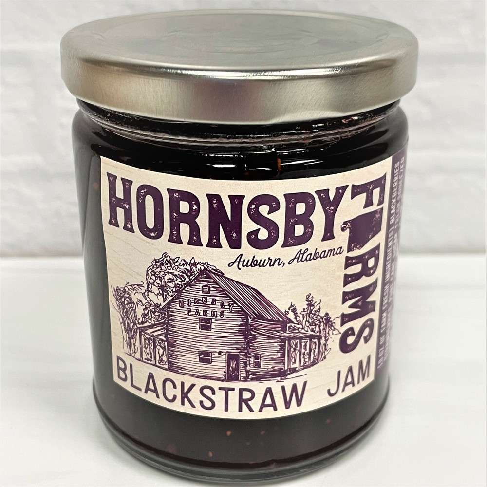 Blackberry strawberry jam in glass jar, Alabama-made Blackstraw jam by Hornsby Farms, gourmet Southern jam for biscuits and toast