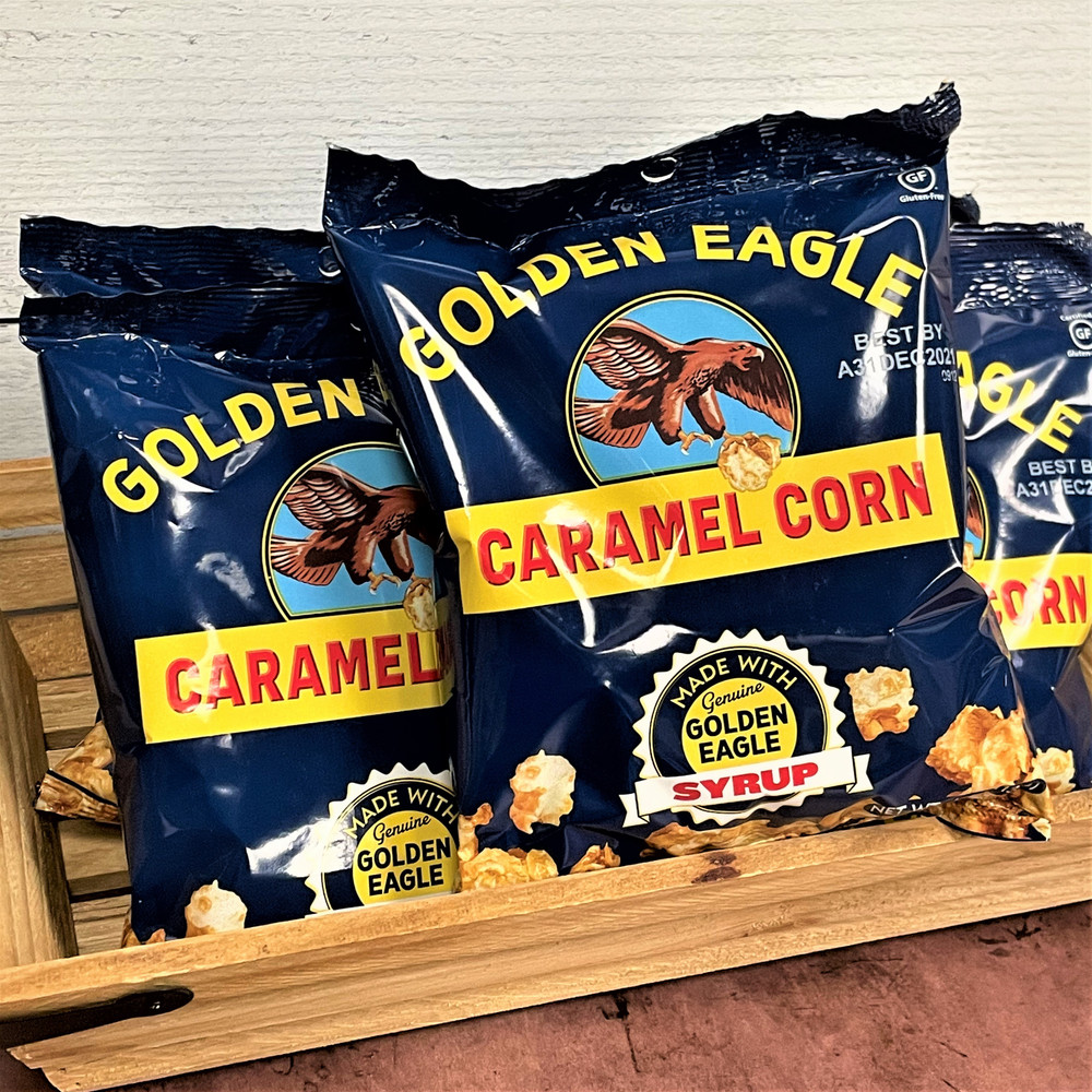 Golden Eagle caramel corn Alabama-made gourmet popcorn snack in clear bag