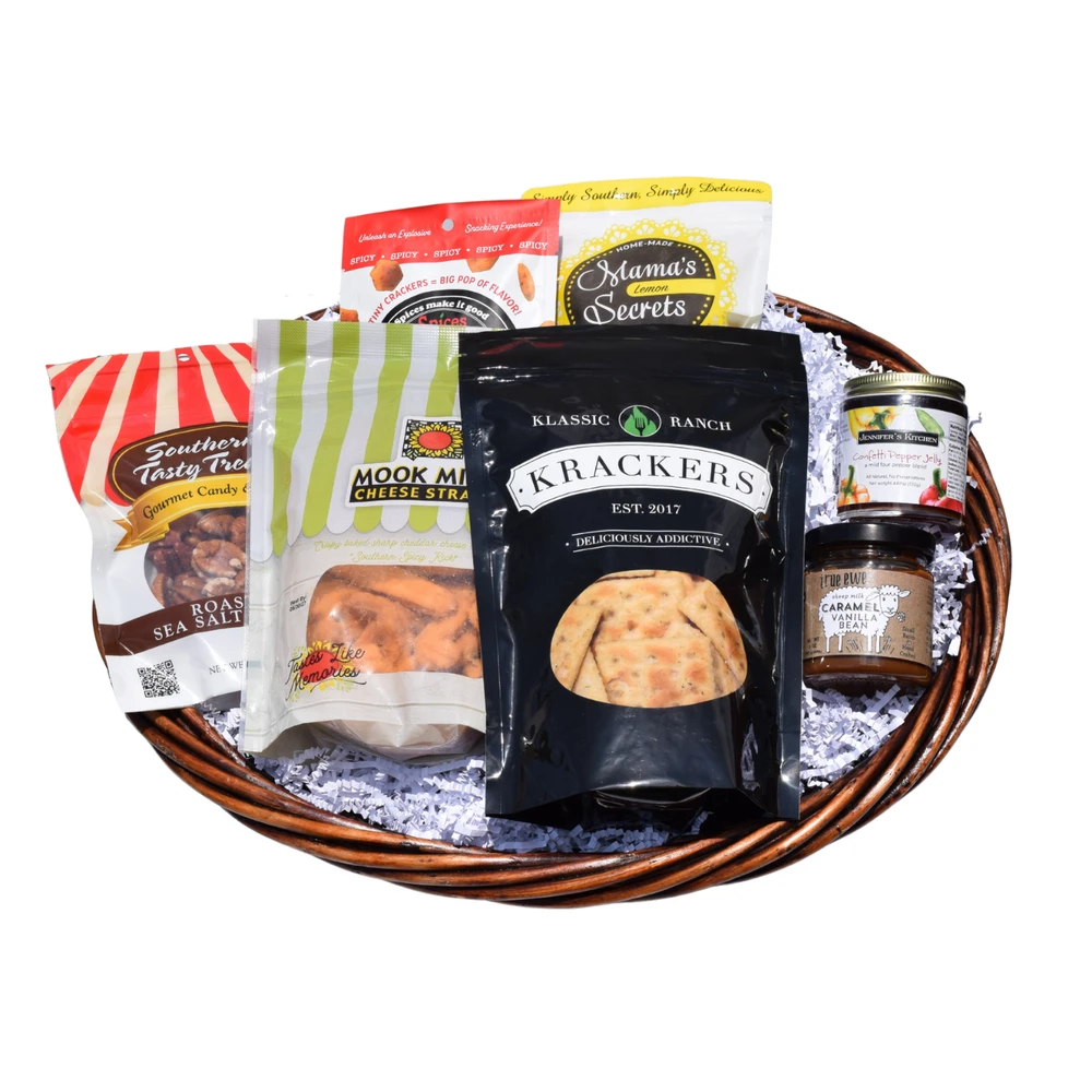 Gourmet Gatherings Alabama hostess gift basket with pepper jelly, caramel sauce, crackers, roasted pecans, lemon cookies and cheese straws