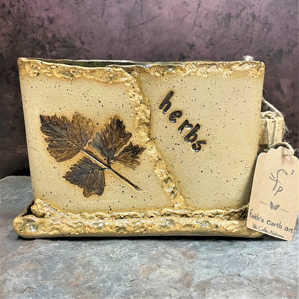 Handmade Alabama pottery herb planter with tray and scissors, perfect for growing herbs indoors. A unique, giftable kitchen planter made in Alabama.