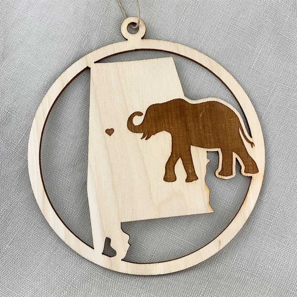 Alabama elephant wood ornament made in Alabama, handcrafted wooden ornament with elephant design, Southern Christmas ornament, Alabama gift idea, rustic wood ornament