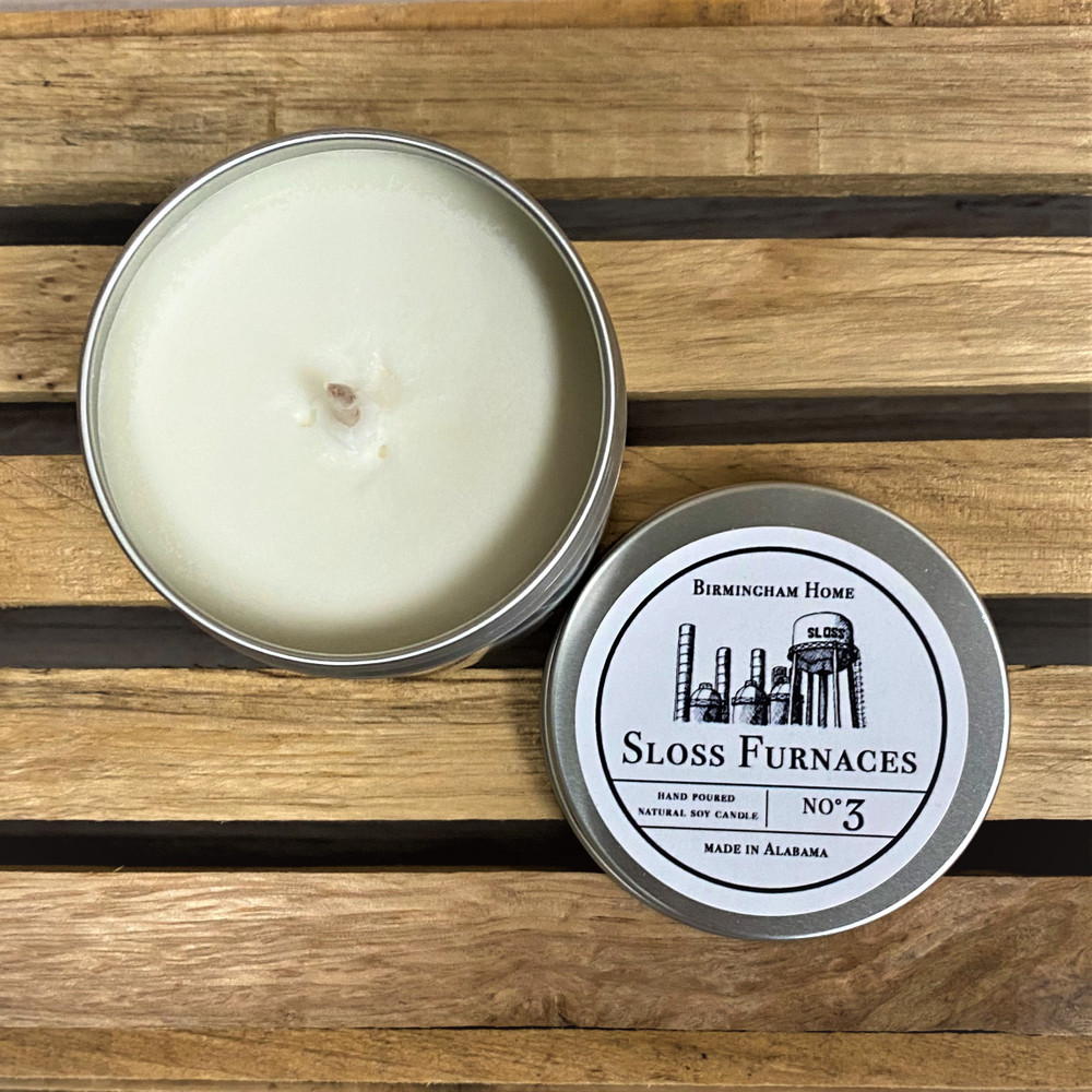 Birmingham soy candle tin, Alabama-made candle gift, Birmingham souvenir candle, travel candle tin, Southern home fragrance Birmingham Sloss Furnaces