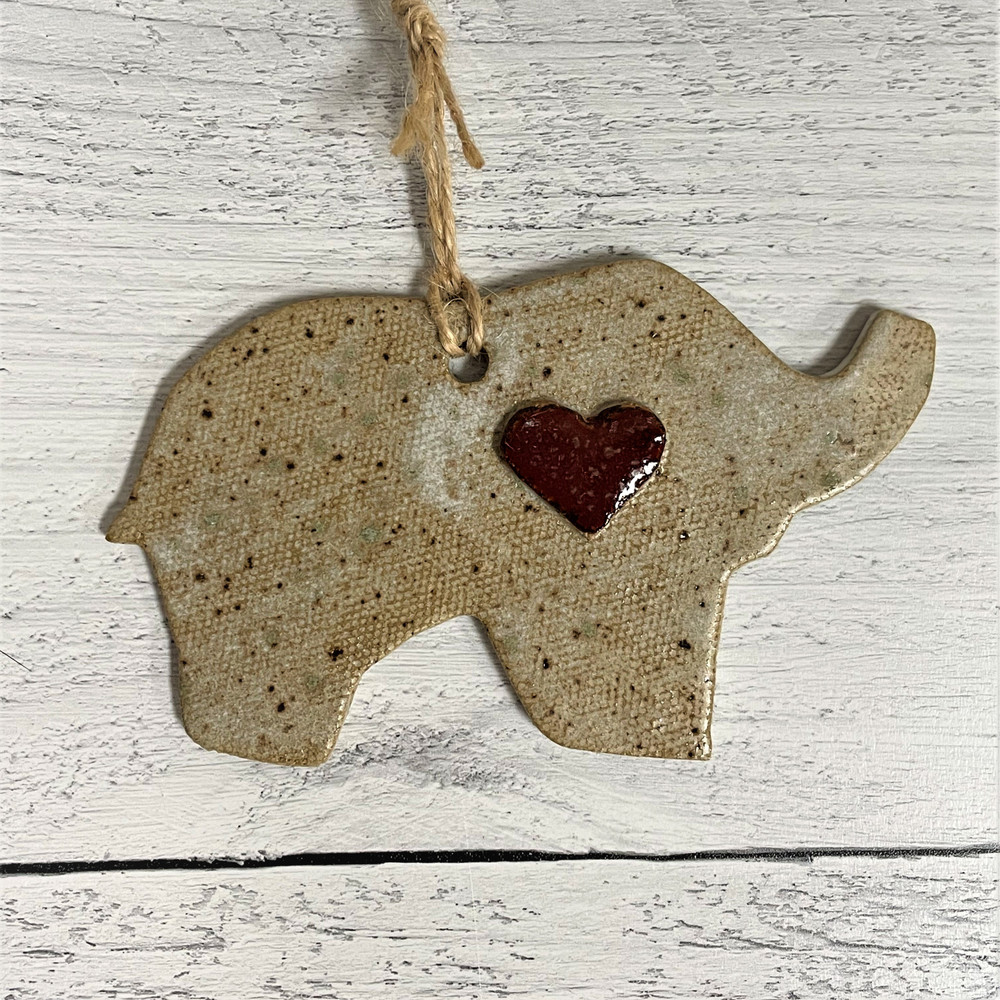 Ceramic elephant ornament with heart, handmade in Alabama, neutral glazed pottery gift, Aspire Pottery Birmingham elephant figurine