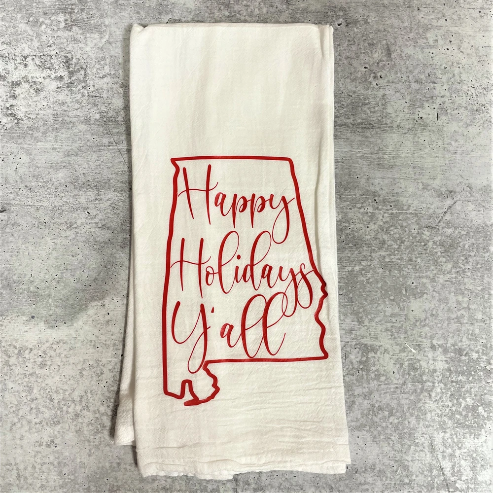 Holiday kitchen towel with “Happy Holidays Y’all” design, Alabama-made flour sack towel, festive Southern kitchen décor, Christmas gift towel
