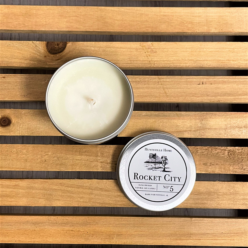 Huntsville Alabama soy candle tin, handmade candle gift, local Alabama candle, scented soy candle in tin, Huntsville gift candle. Rocket City