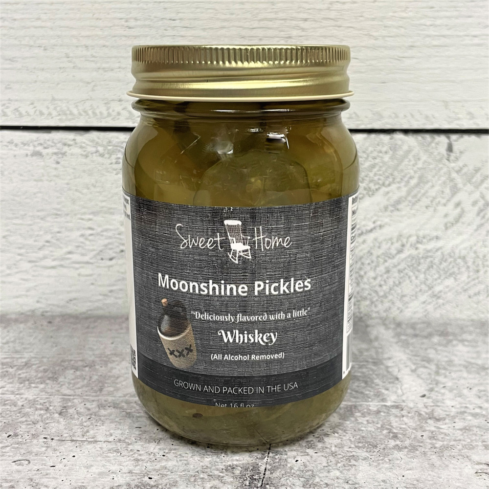 Sweet Home Moonshine Pickles in glass jar, sweet Southern pickles made in Alabama, gourmet snack gift, crunchy sweet pickles close-up