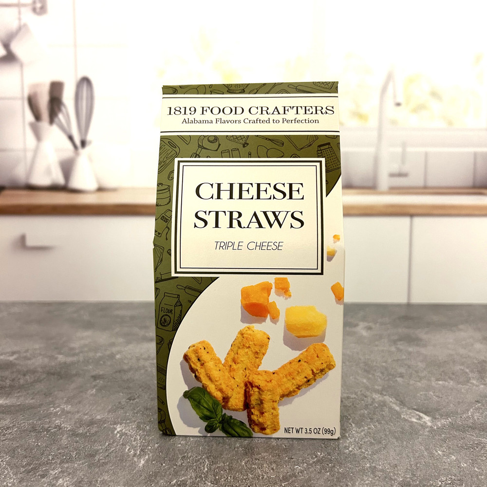Gourmet Southern cheese straws made in Alabama by 1819 Food Crafters, served in a premium package highlighting crisp texture and rich cheesy flavor