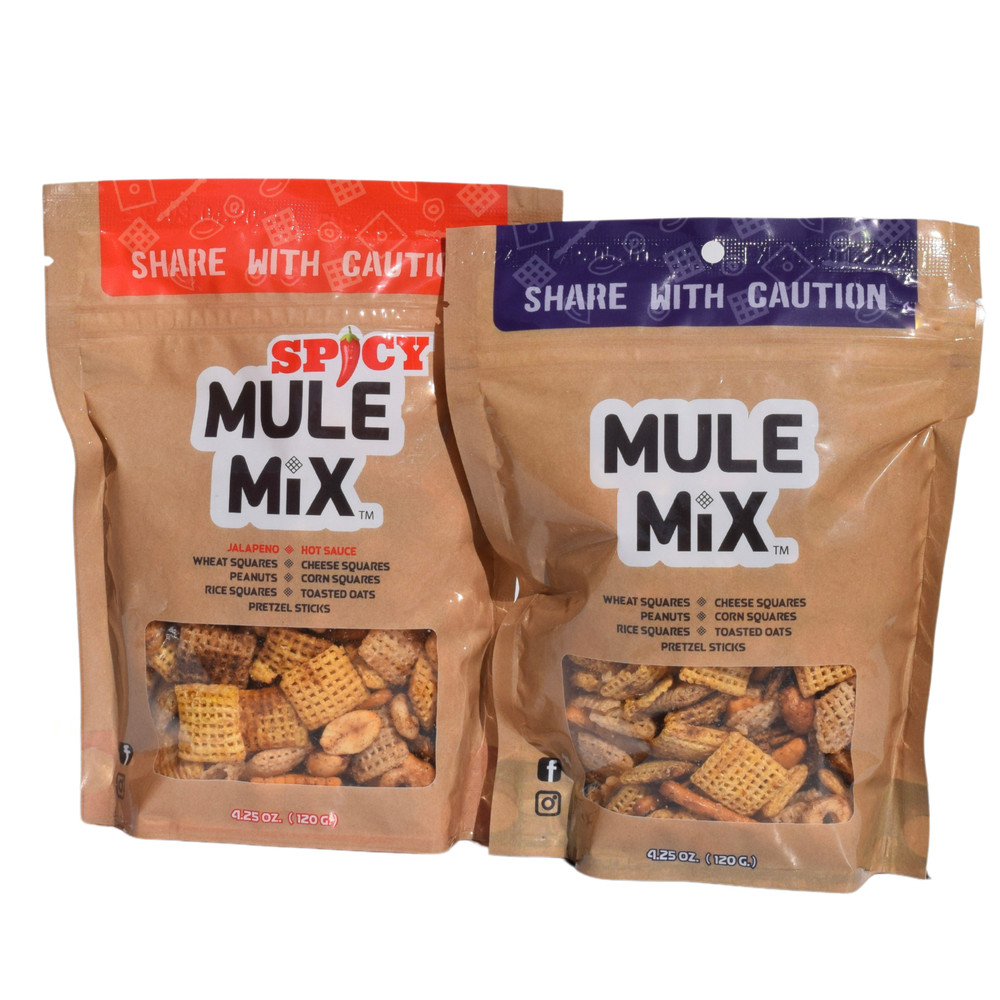 Mule Mix Alabama snack mix original and spicy blend pretzels peanuts cereal savory snack made in Alabama